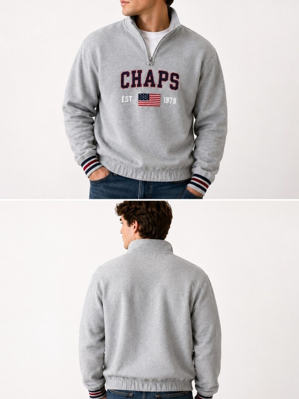 EUC Chaps Grey Quarter-Zip Sweatshirt American Flag Logo Size M
